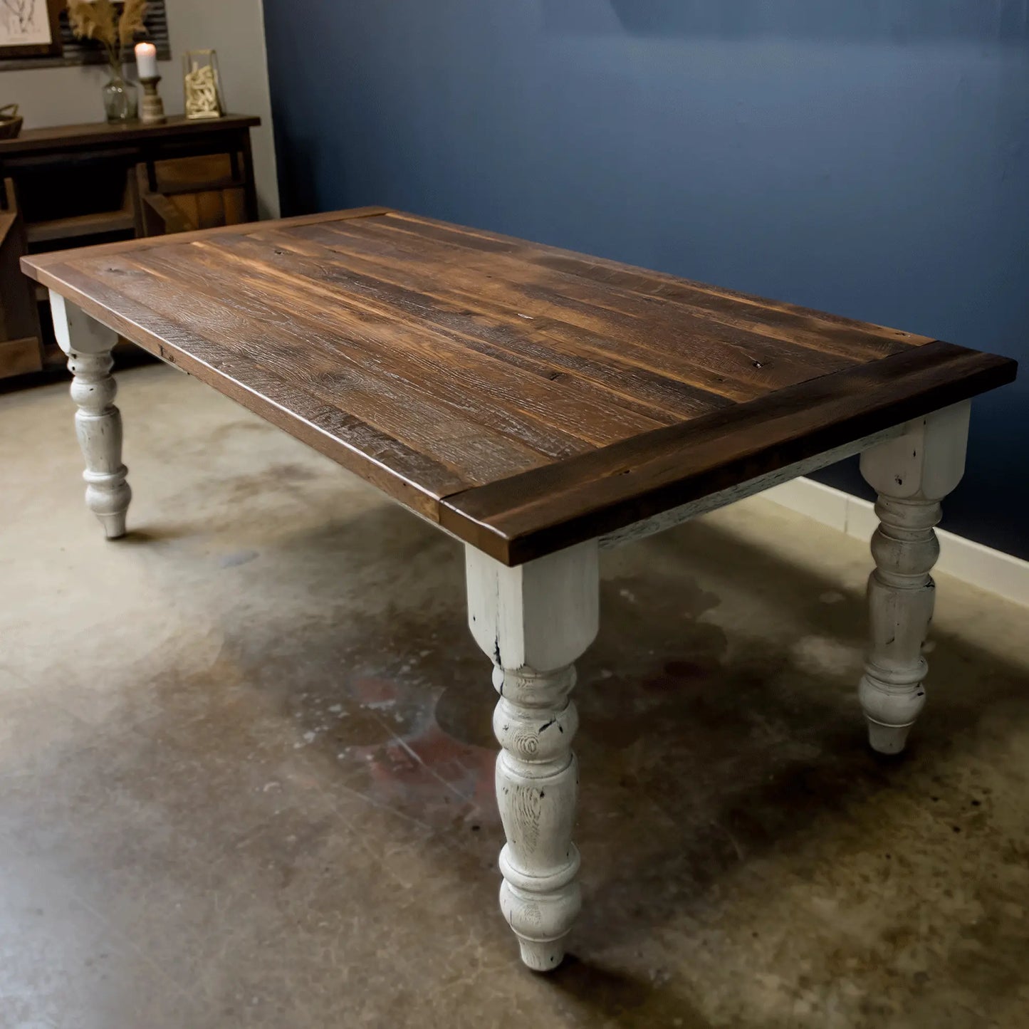 farmhouse wood table with white legs