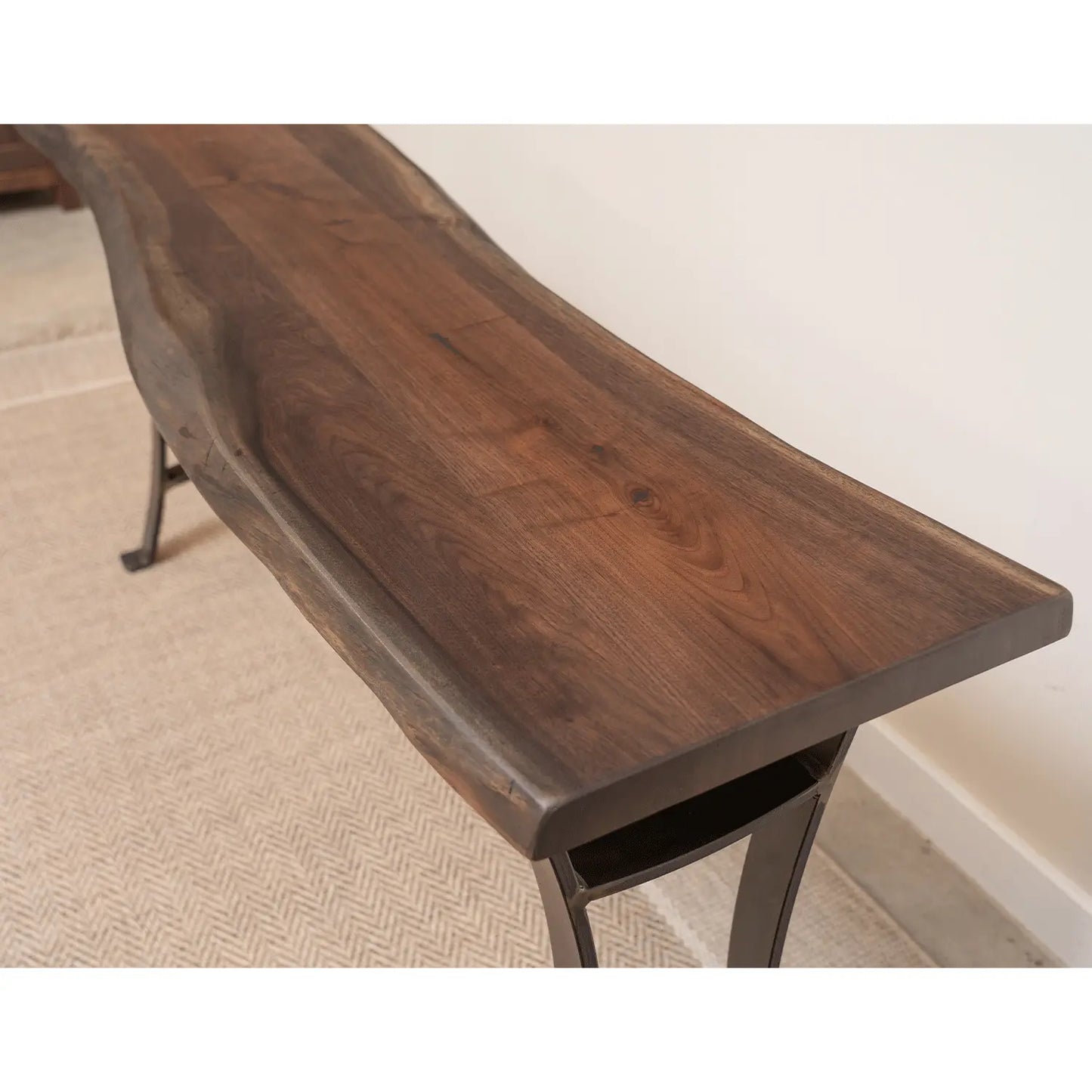 live edge walnut console table close up