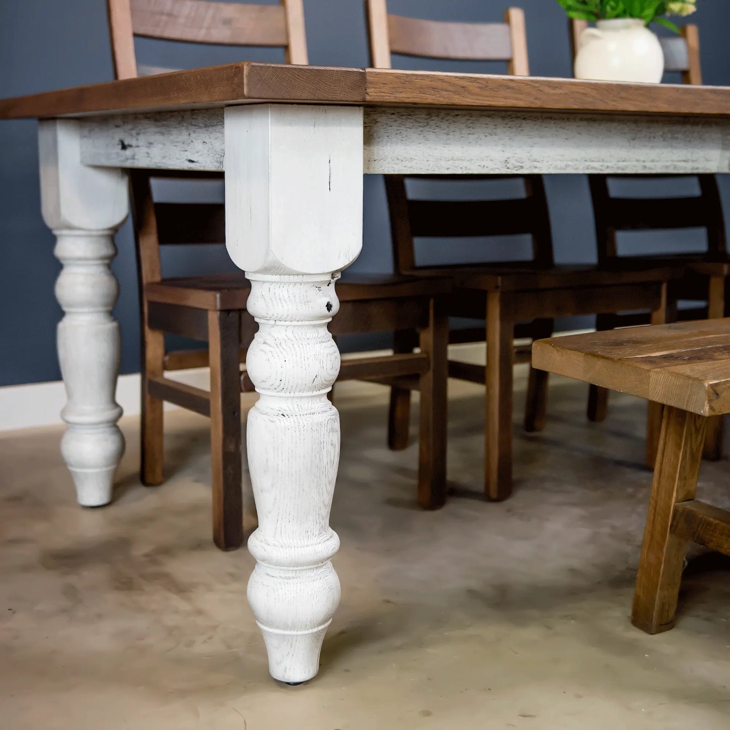 solid wood table with white legs