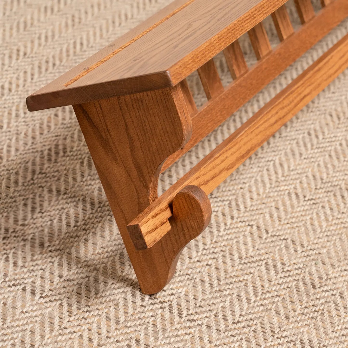 close up oak wood mission quilt rack