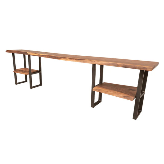 113.5" Live Edge Walnut Sofa Table with Shelves