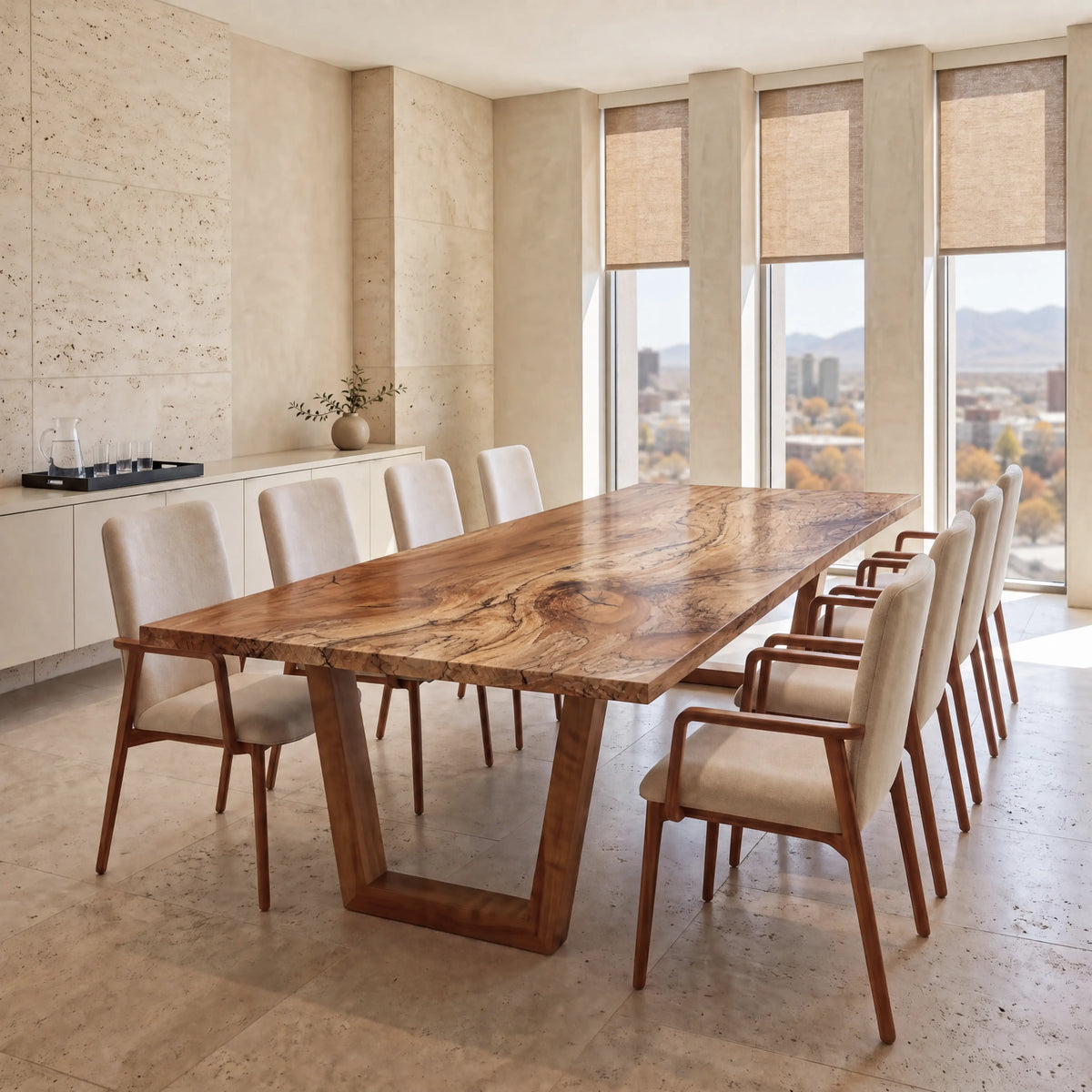Live-edge spalted maple conference table with an angled frame base and eight upholstered chairs.