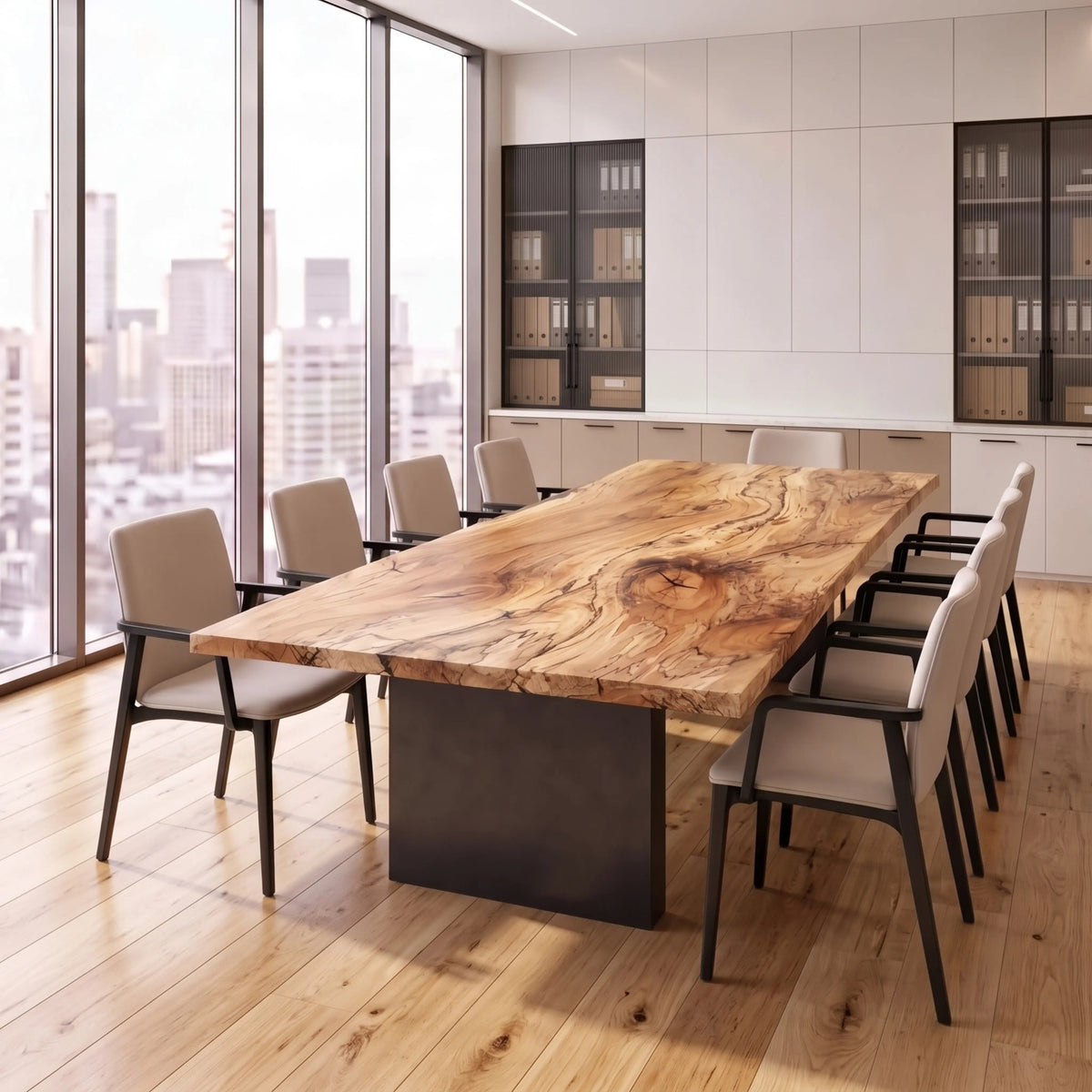 Live edge spalted maple conference table with steel base in a high-rise office.