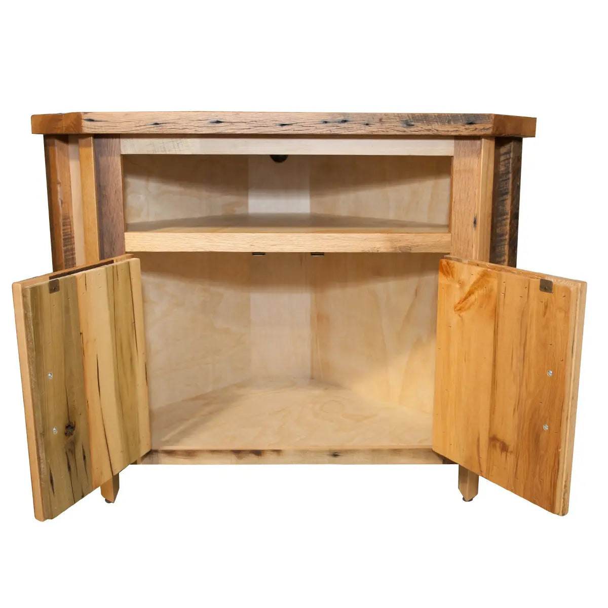 barnwood corner tv stand, open