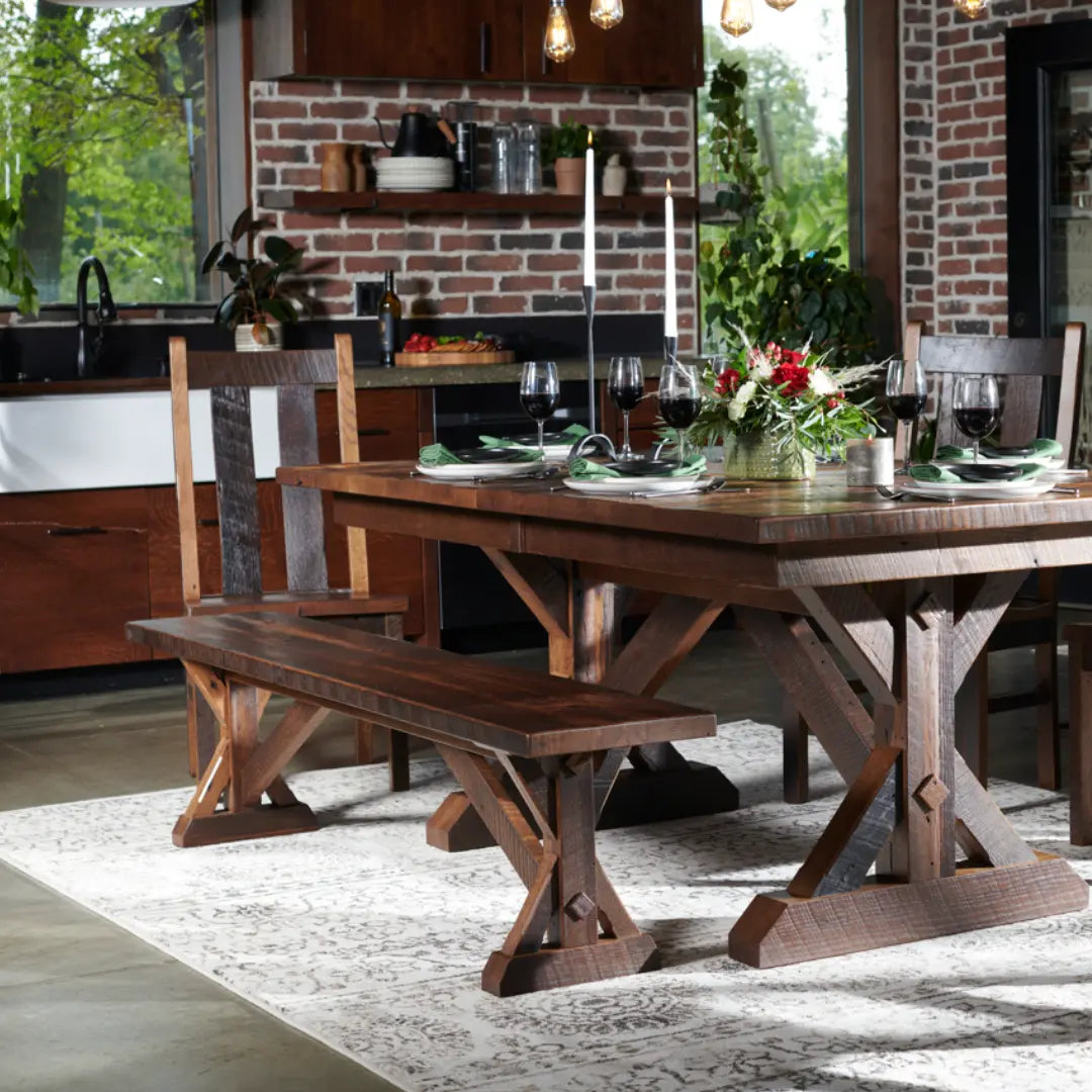 Calloway Rustic Farmhouse dining Bench, Trestle BAse