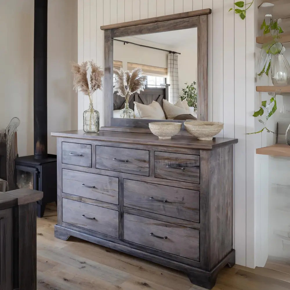 Gray Farmhouse Maple Wood Bedroom Dresser