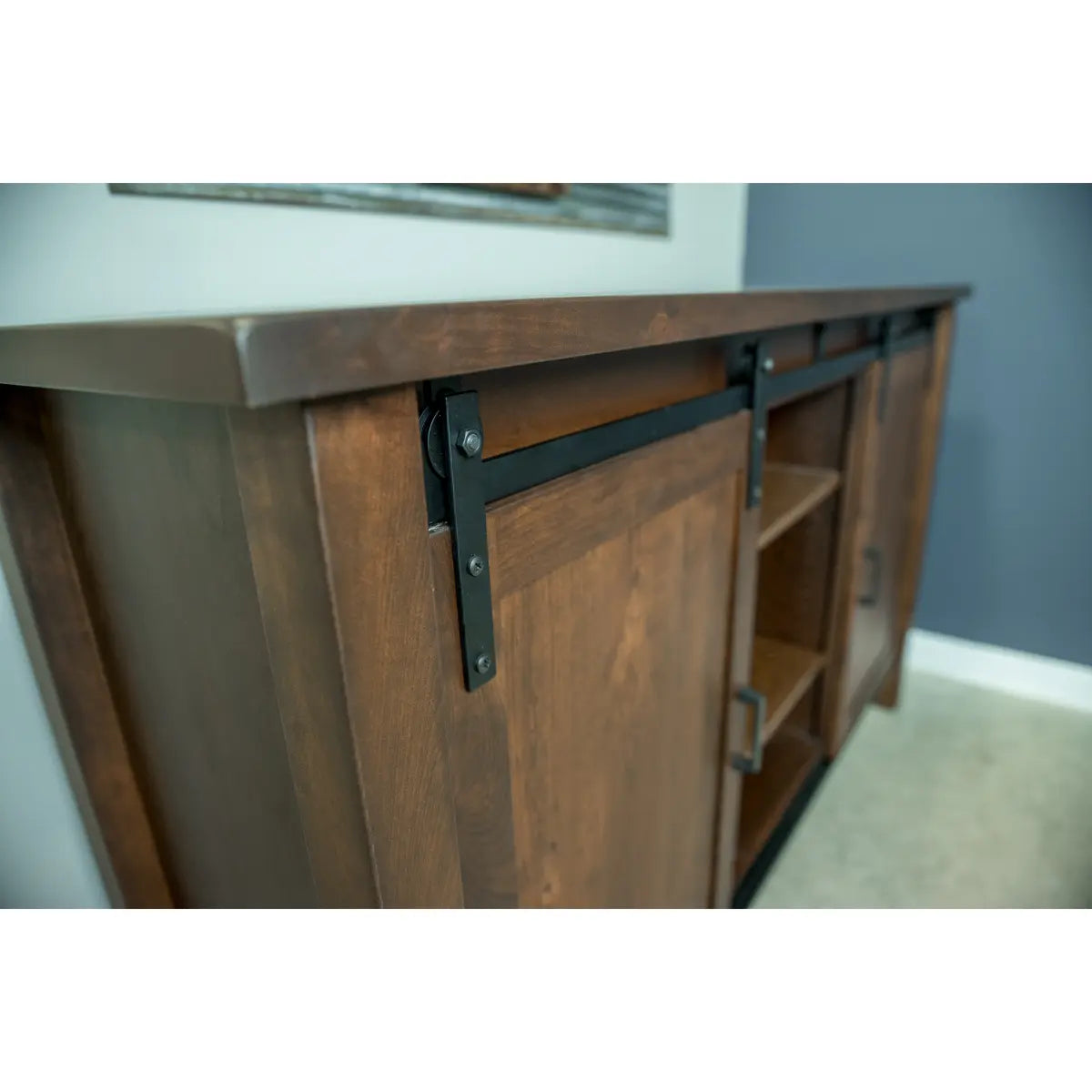 cherry buffet details, with sliding barn doors