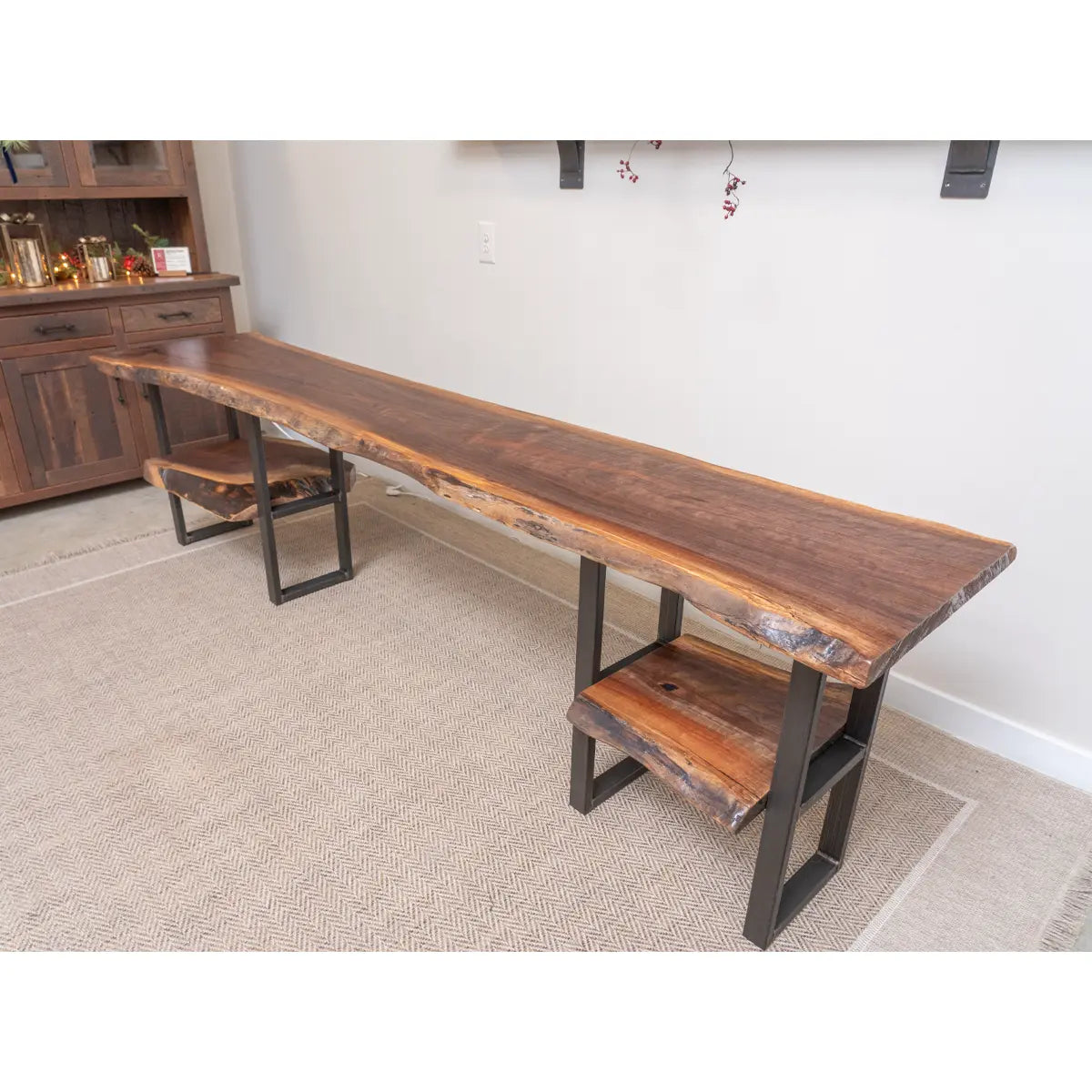 Live Edge Walnut Console Table with Shelves