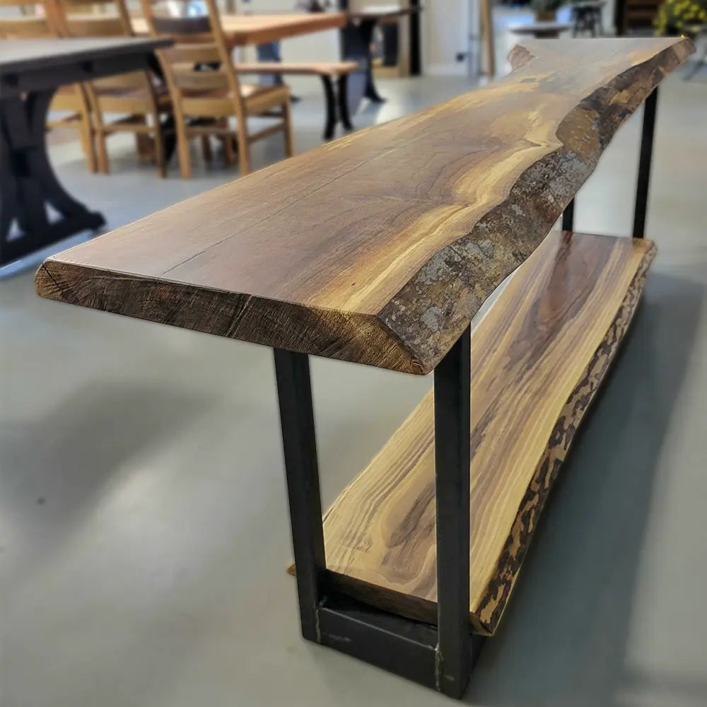 93.5" 2 Tier Live Edge Walnut Sofa Table