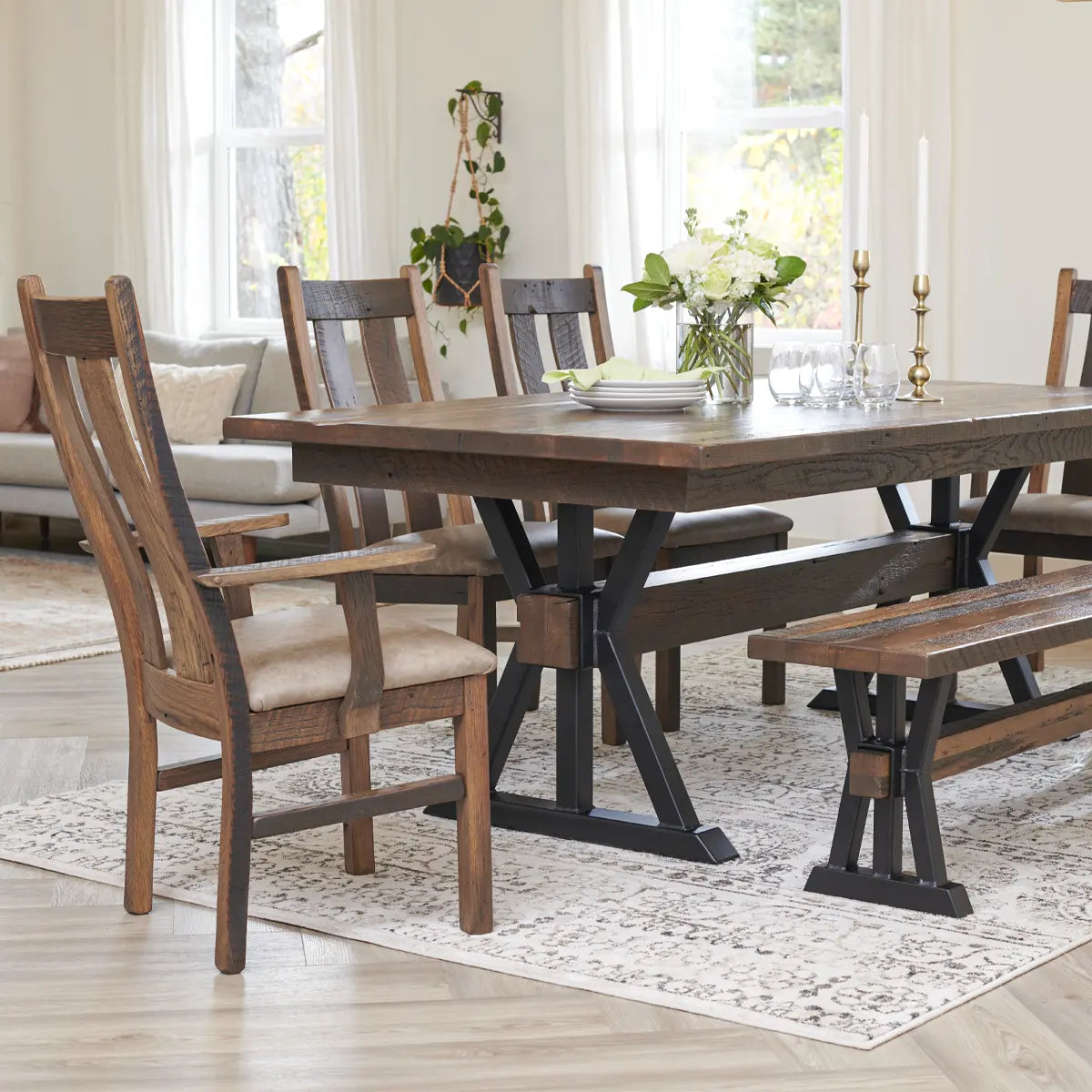 modern farmhouse dining table, reclaimed wood top, steel trestle base