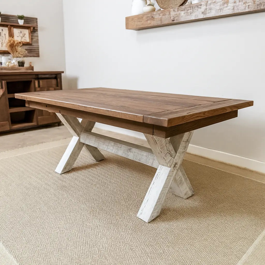 extendable farmhouse dining table with white X base, reclaimed wood