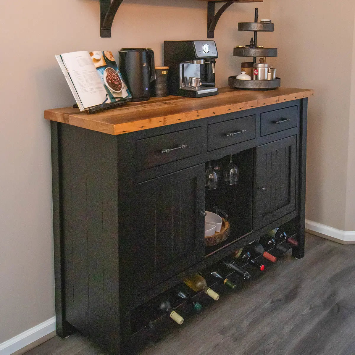 rustic buffet with wine storage