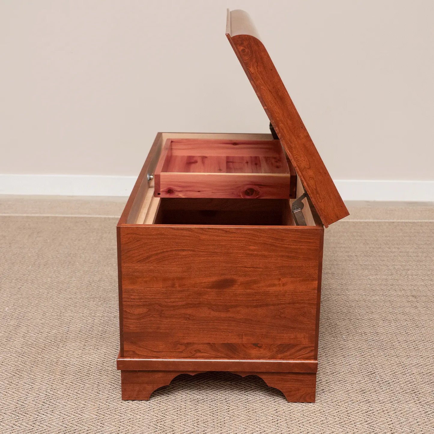 cherry wood hope chest with cedar lined bottom, with tray