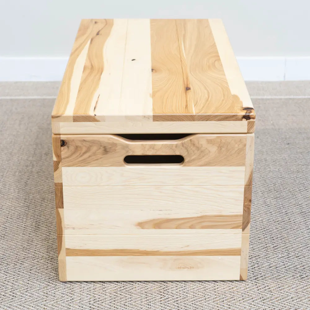 side of rustic blanket chest in hickory