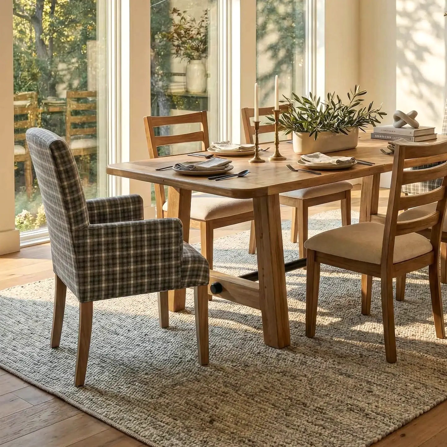 Upholstered Dining Chair with Arms, Plaid Fabric
