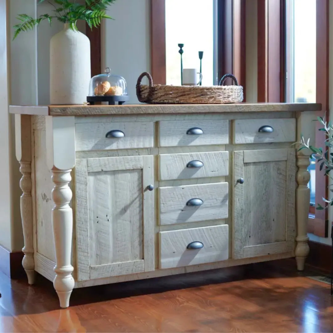 Distressed farmhouse buffet server, white base, barnwood top