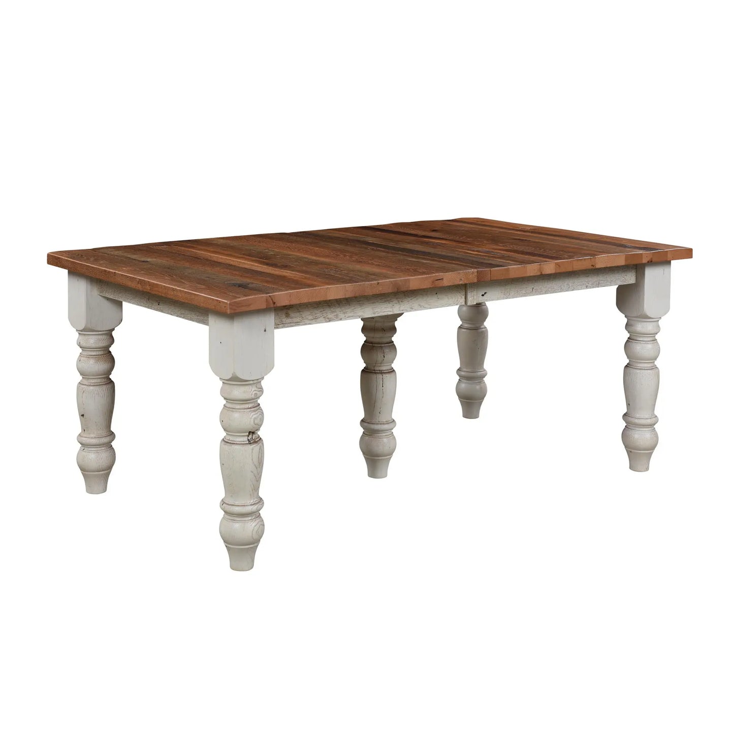 Rectangular farmhouse table with whitewashed turned legs on a white background.