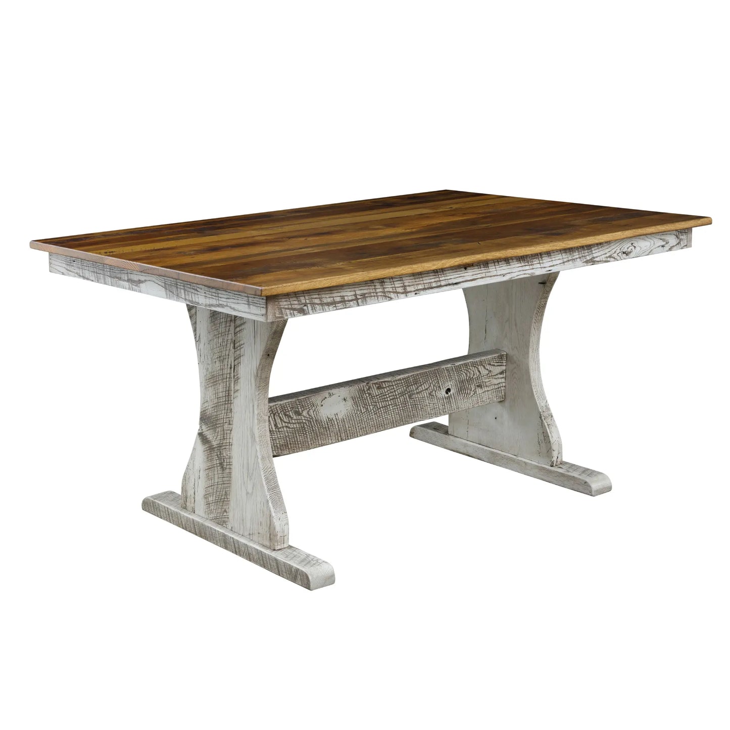 Tanner White farmhouse table with brown wood top, whitewashed trestle base on plain background.