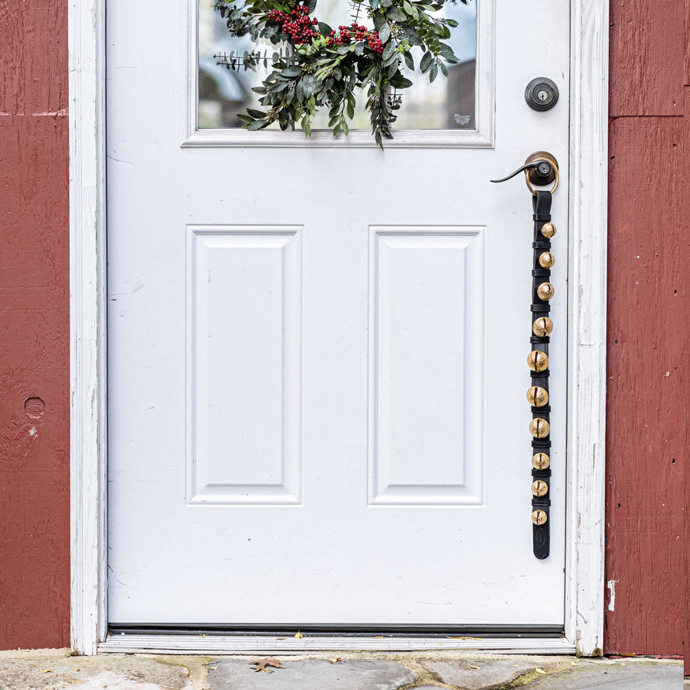 Hanging Bells on Black Leather on Doorknob
