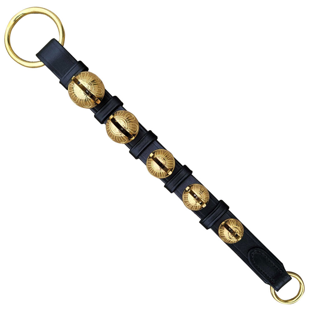 5 Graduating Brass Sleigh Bells on Black Leather