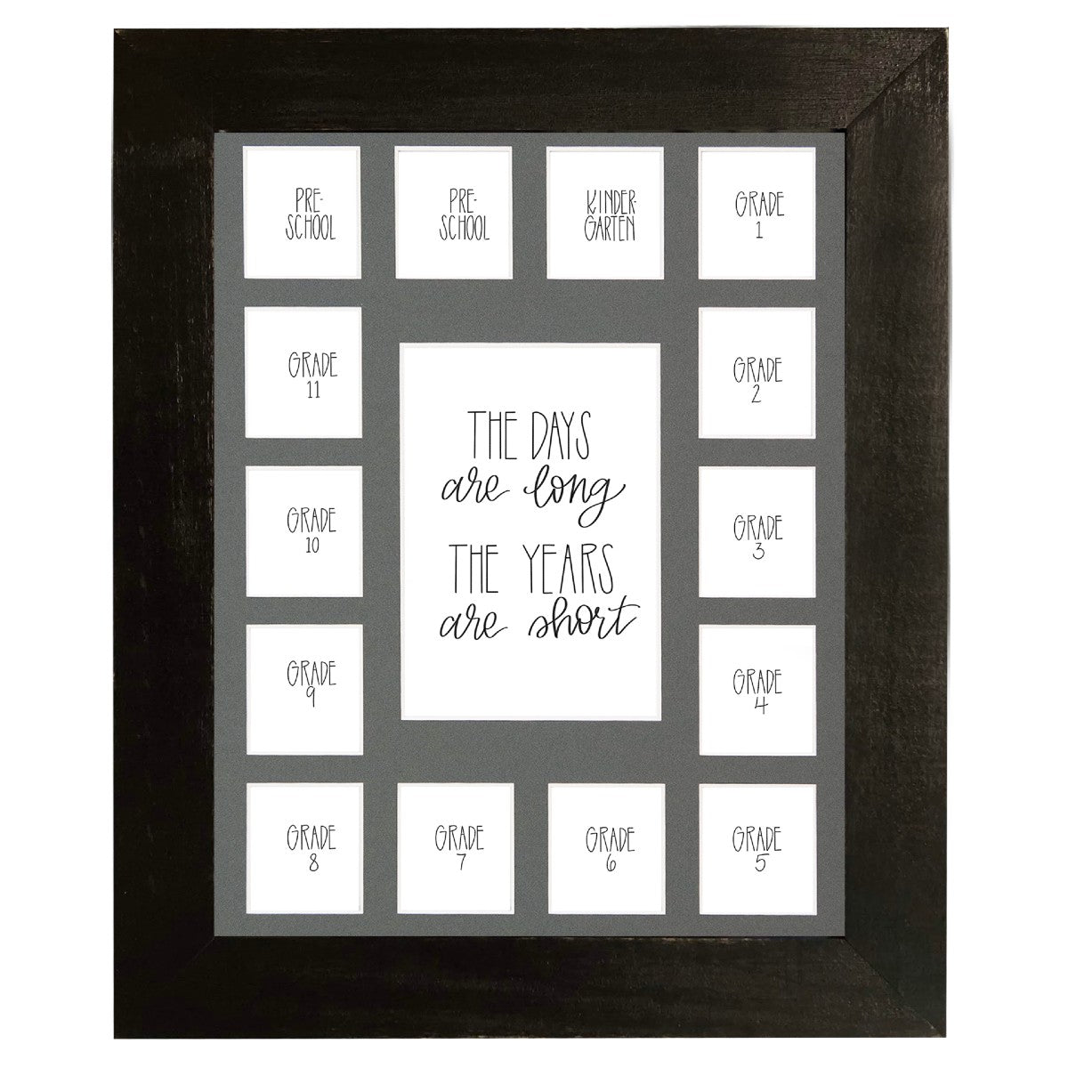 black wood frame with 14 school year photo openings