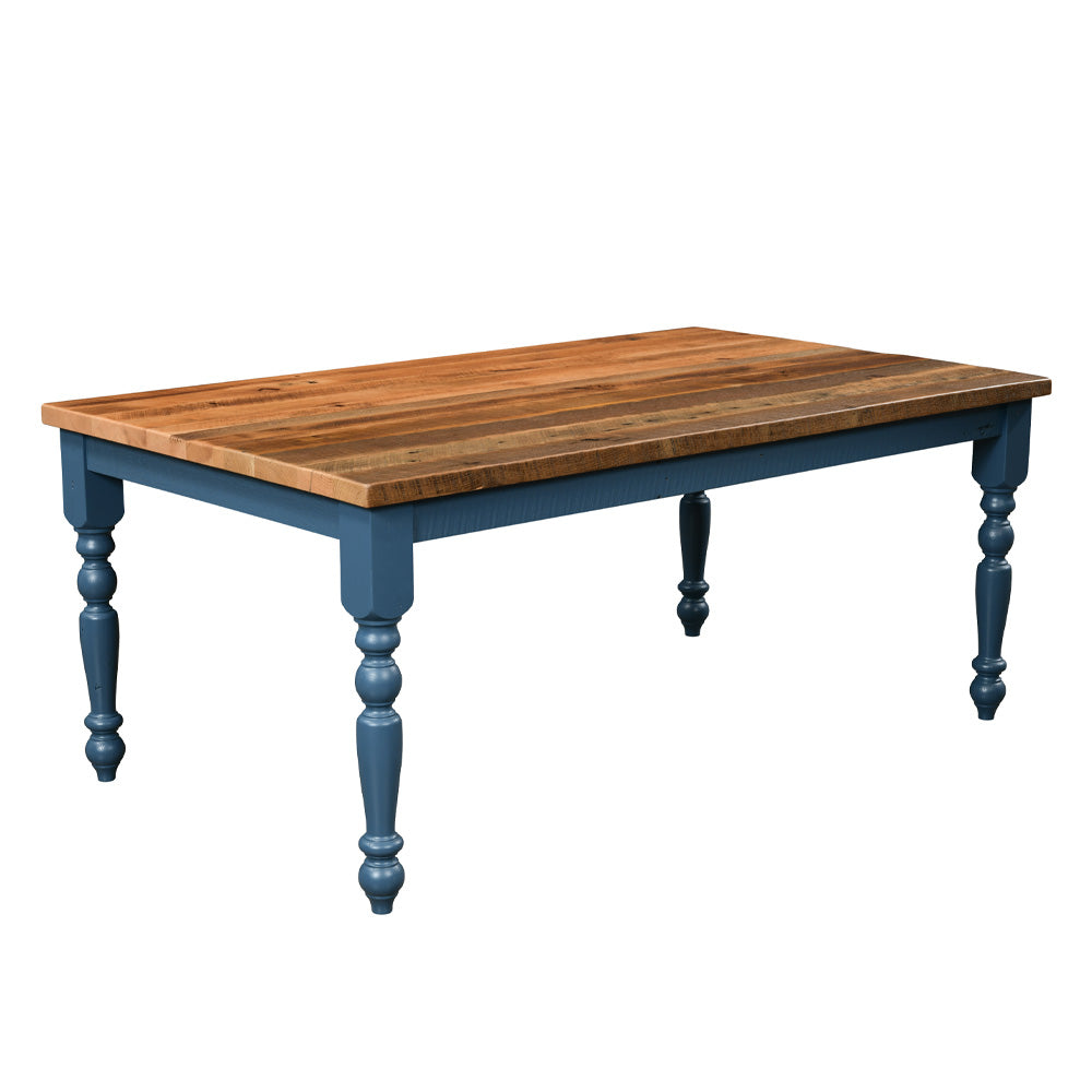 Rectangular reclaimed oak table with blue legs, natural top, and custom stain options.