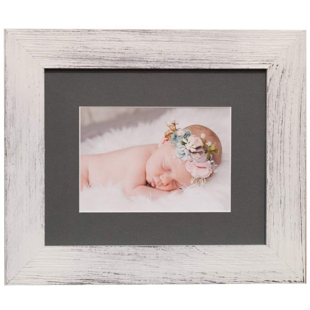 White Distressed Frame, Charcoal Mat
