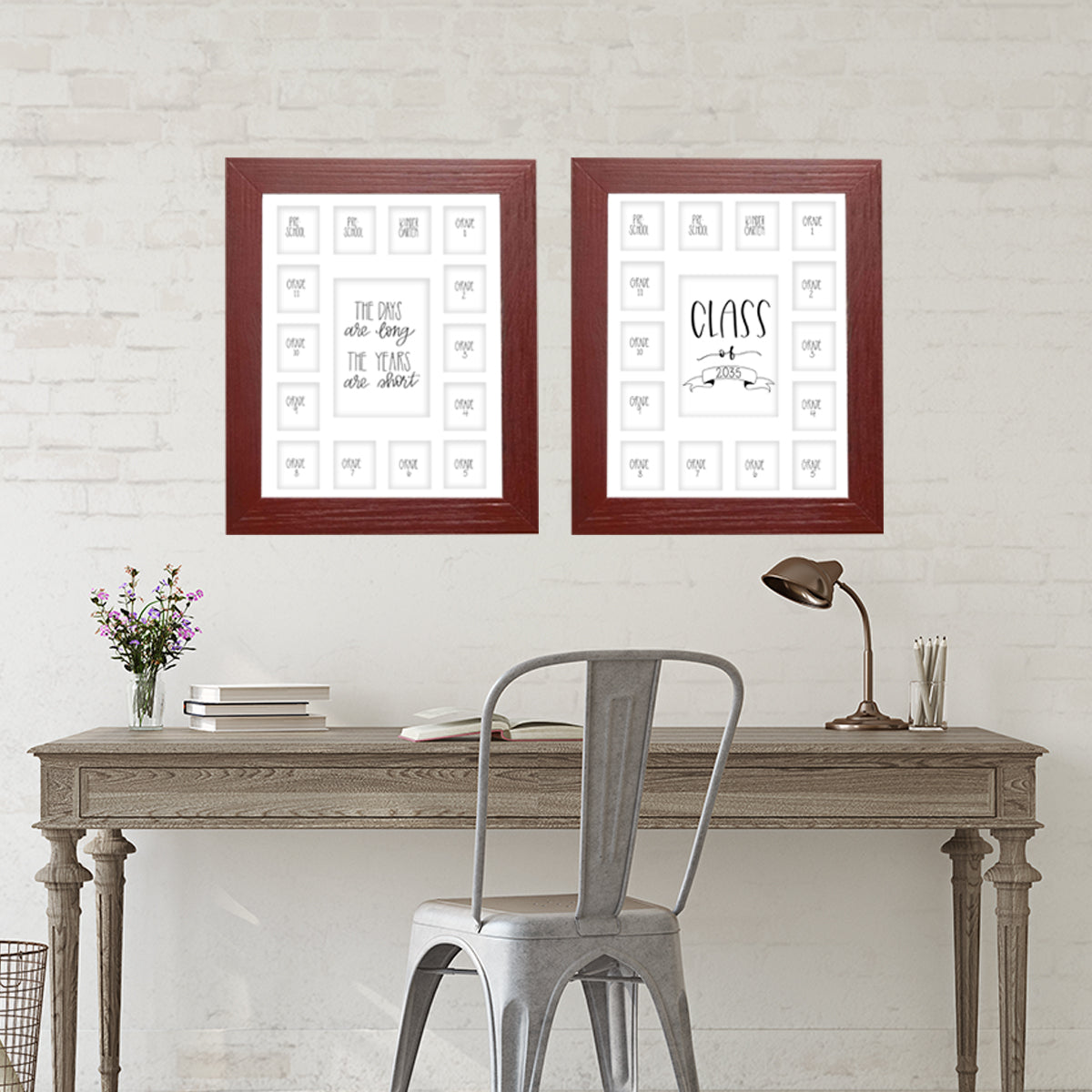 red frame white mat school year photos displayed