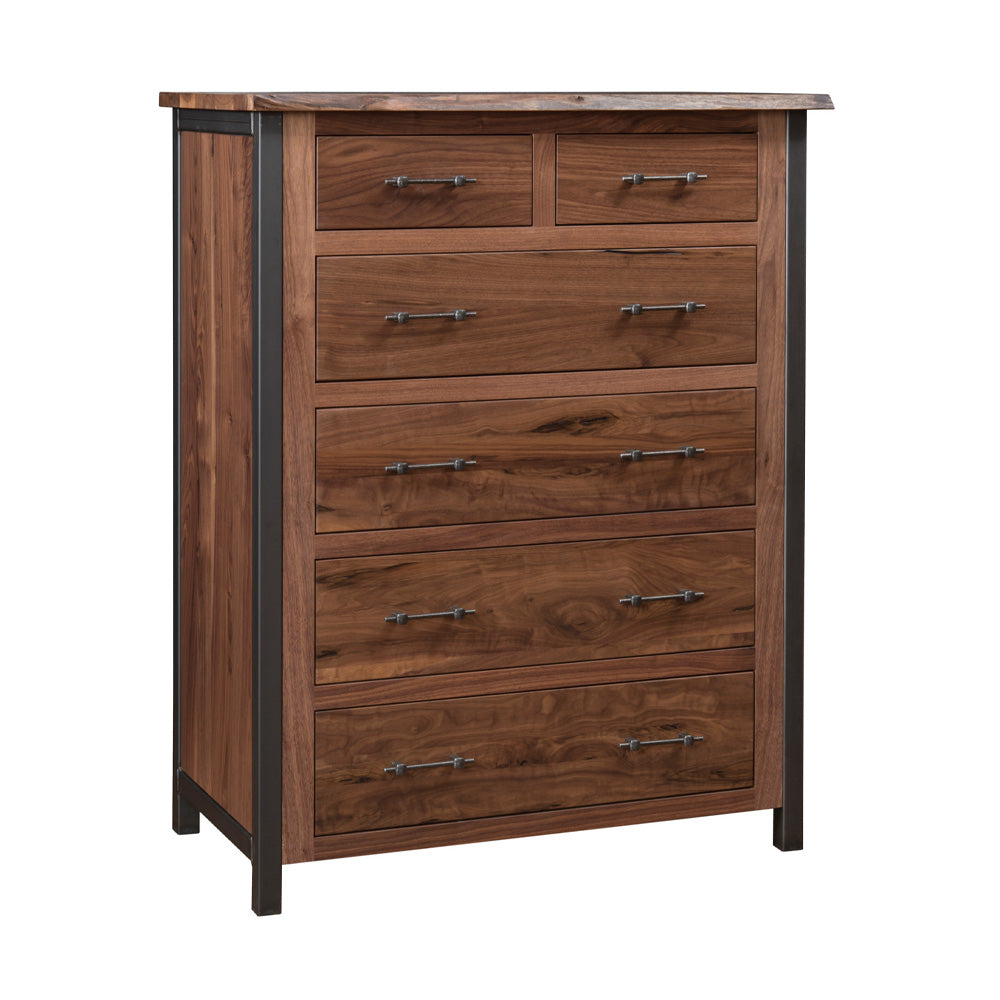 Silverton Live Edge Walnut Tall Dresser, 6 Drawers, Steel Accents