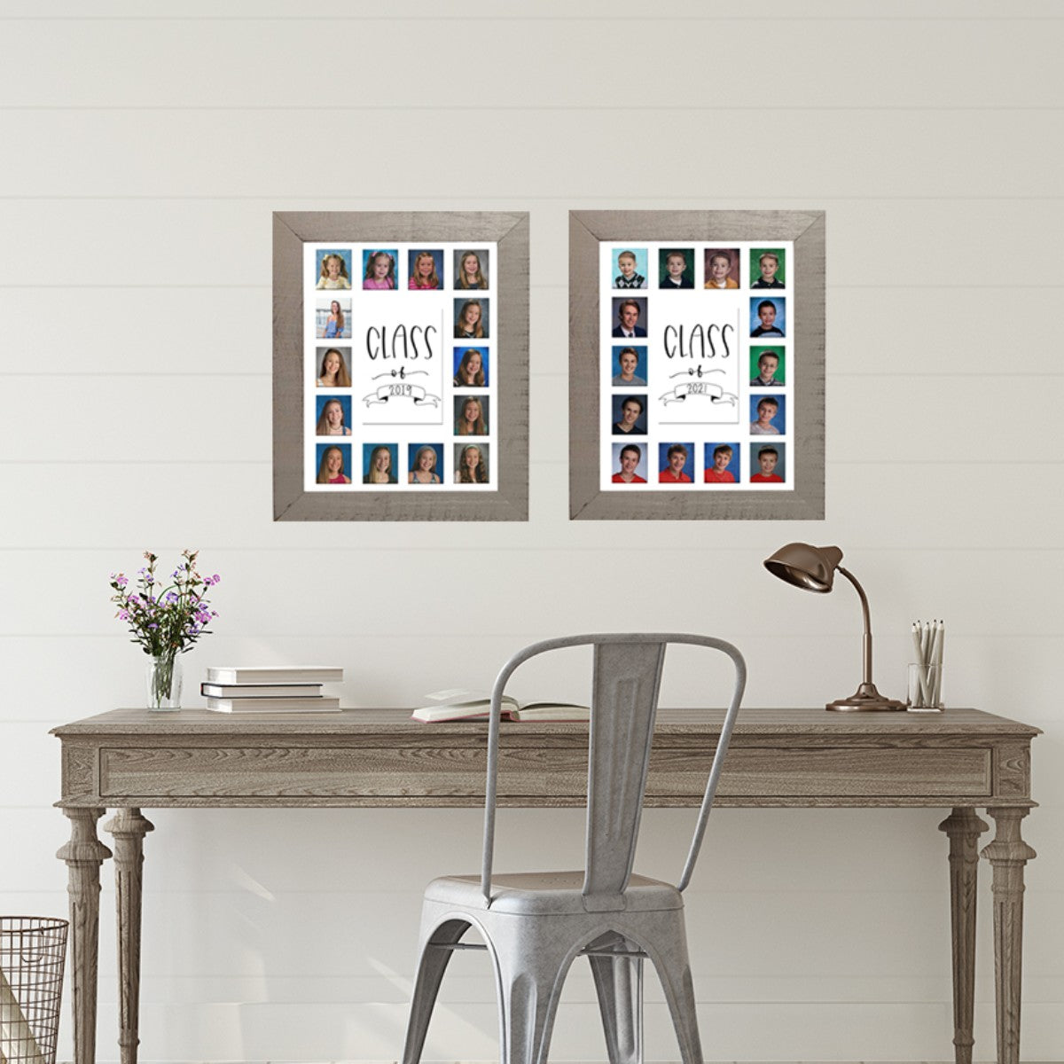 gray frame white mat school photos displayed