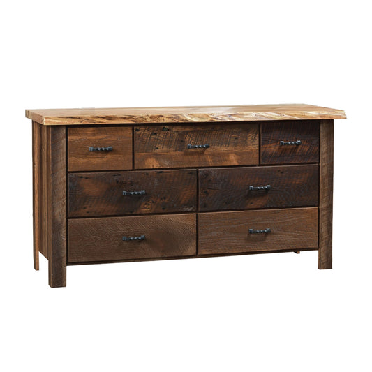 Toryn Live Edge Double Dresser, 7 Drawers, Barnwood Base, Maple Top