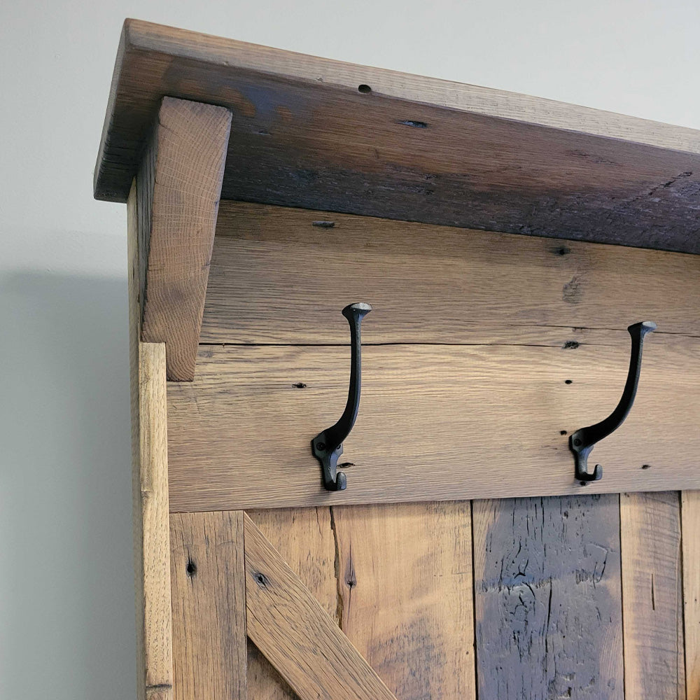 details barnwood coat rack with storage