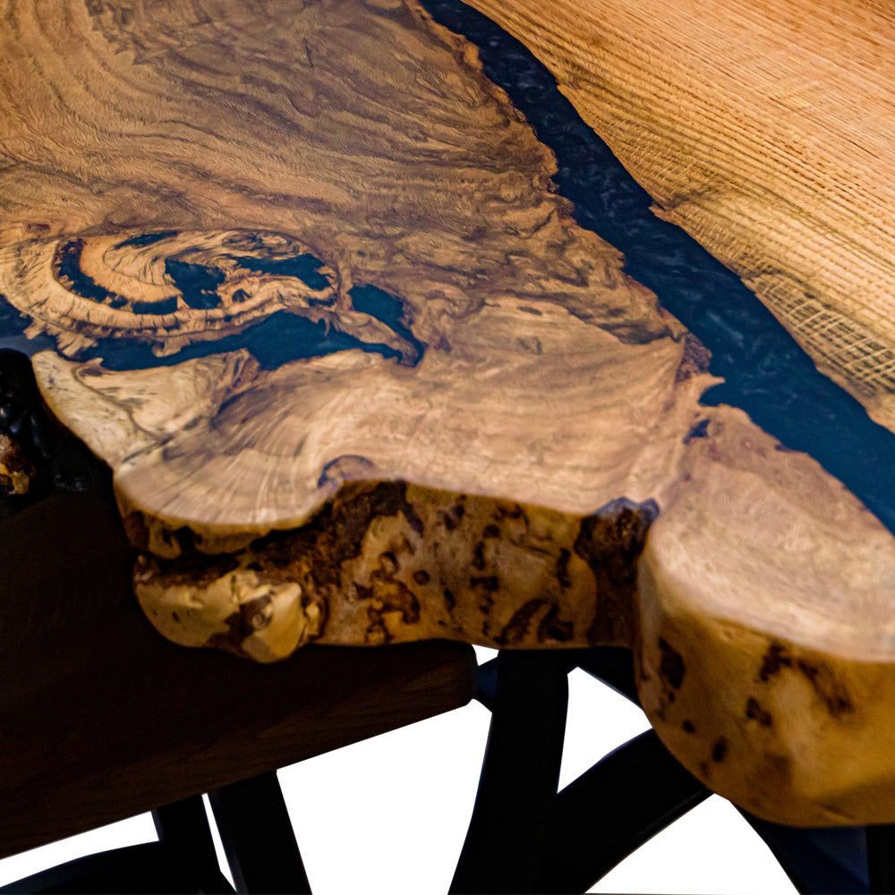 close up live edge oak burl