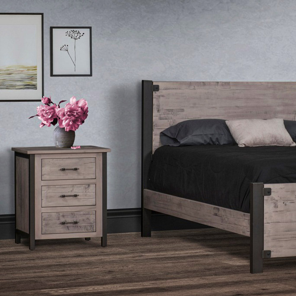 Gray Rustic Wood Nightstand, Brown Maple, Whitewash Finish, 3 Drawers