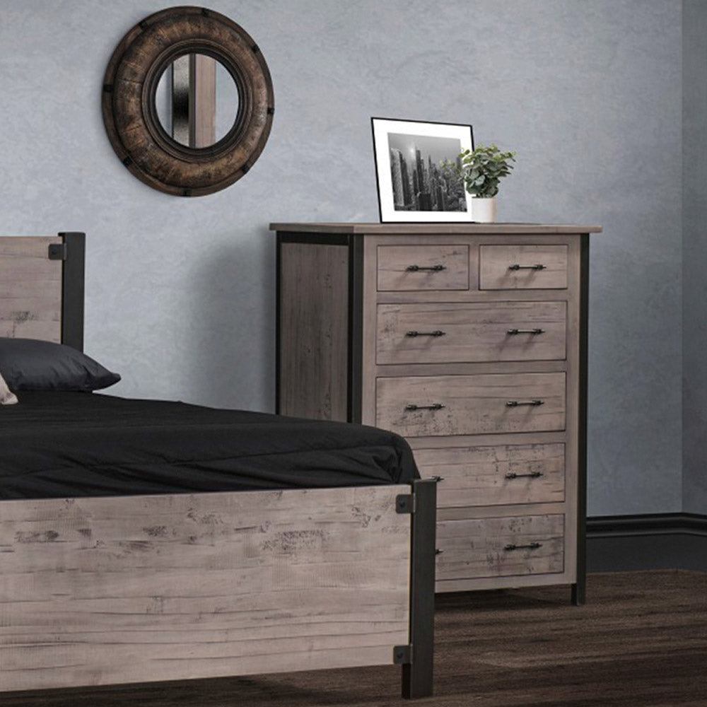 Gray rustic wood tall dresser in brown maple, whitewash stain