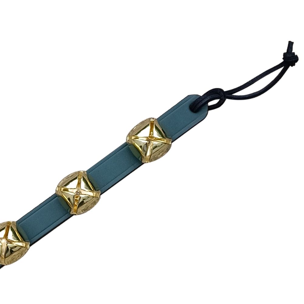 4 Hanging Brass Bells on Green Leather