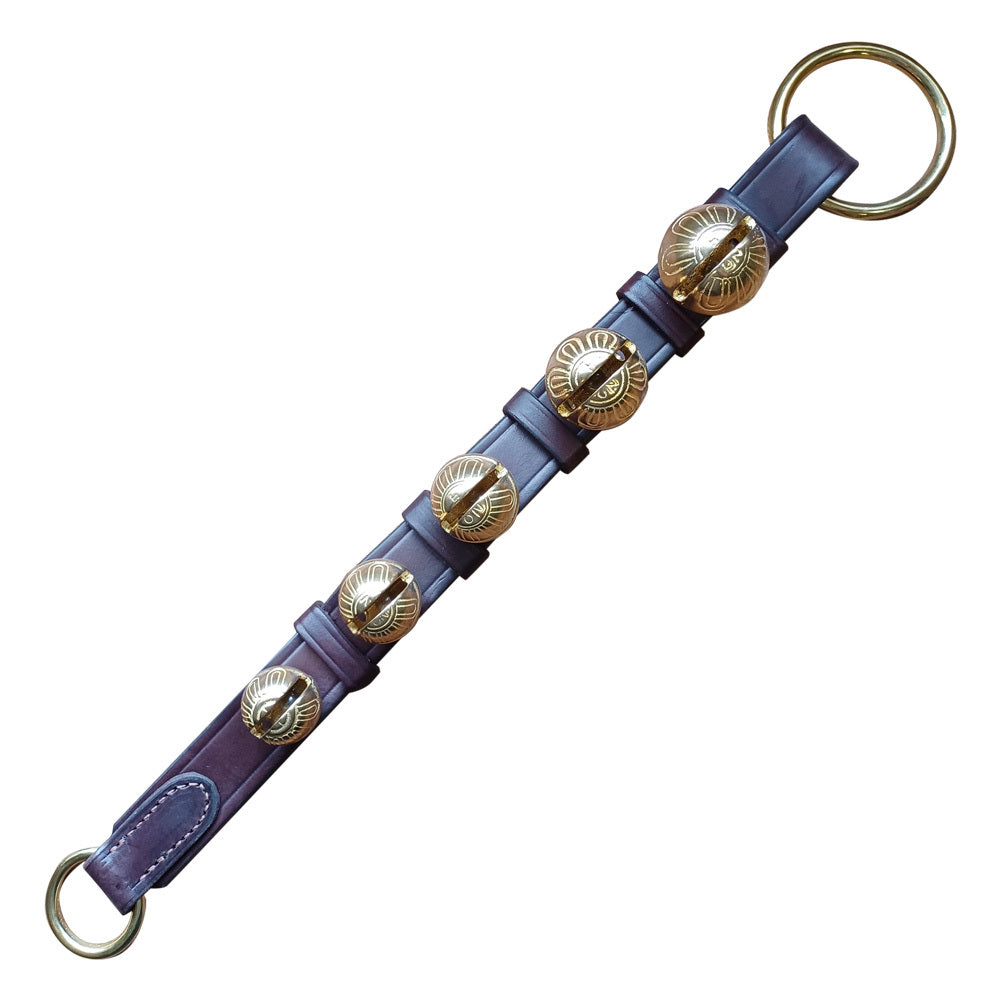 Door Hanging Bells, Double Sewn Brown Leather Strap, 5 Solid Brass Bells