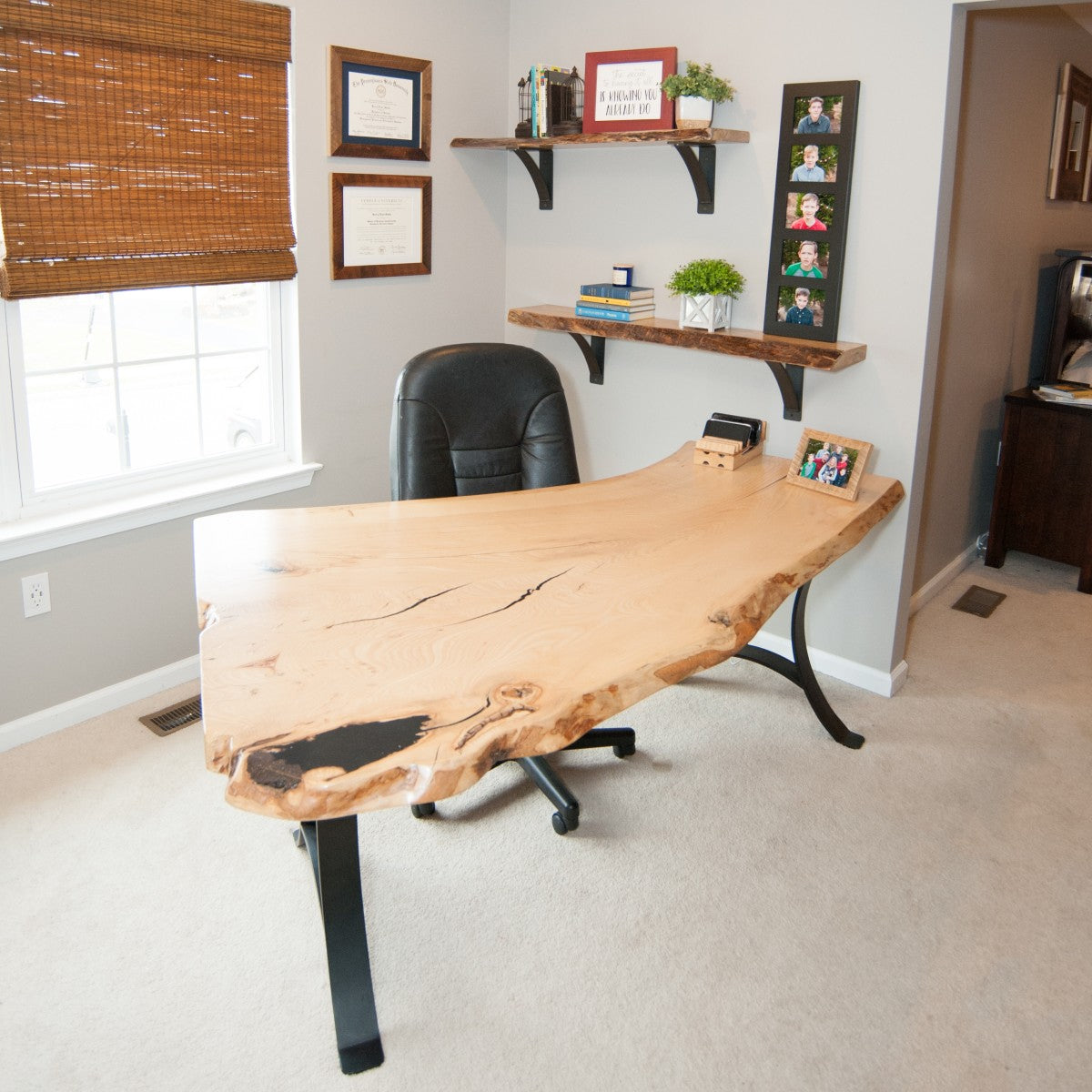 live edge maple shelves and desk