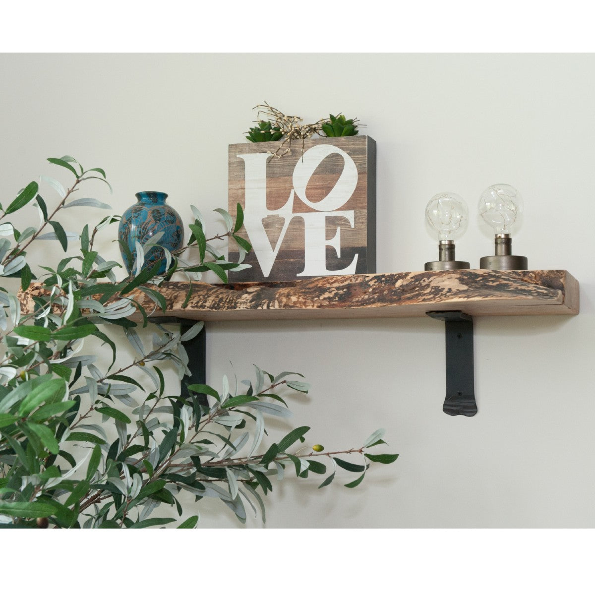 live edge maple shelf with decor