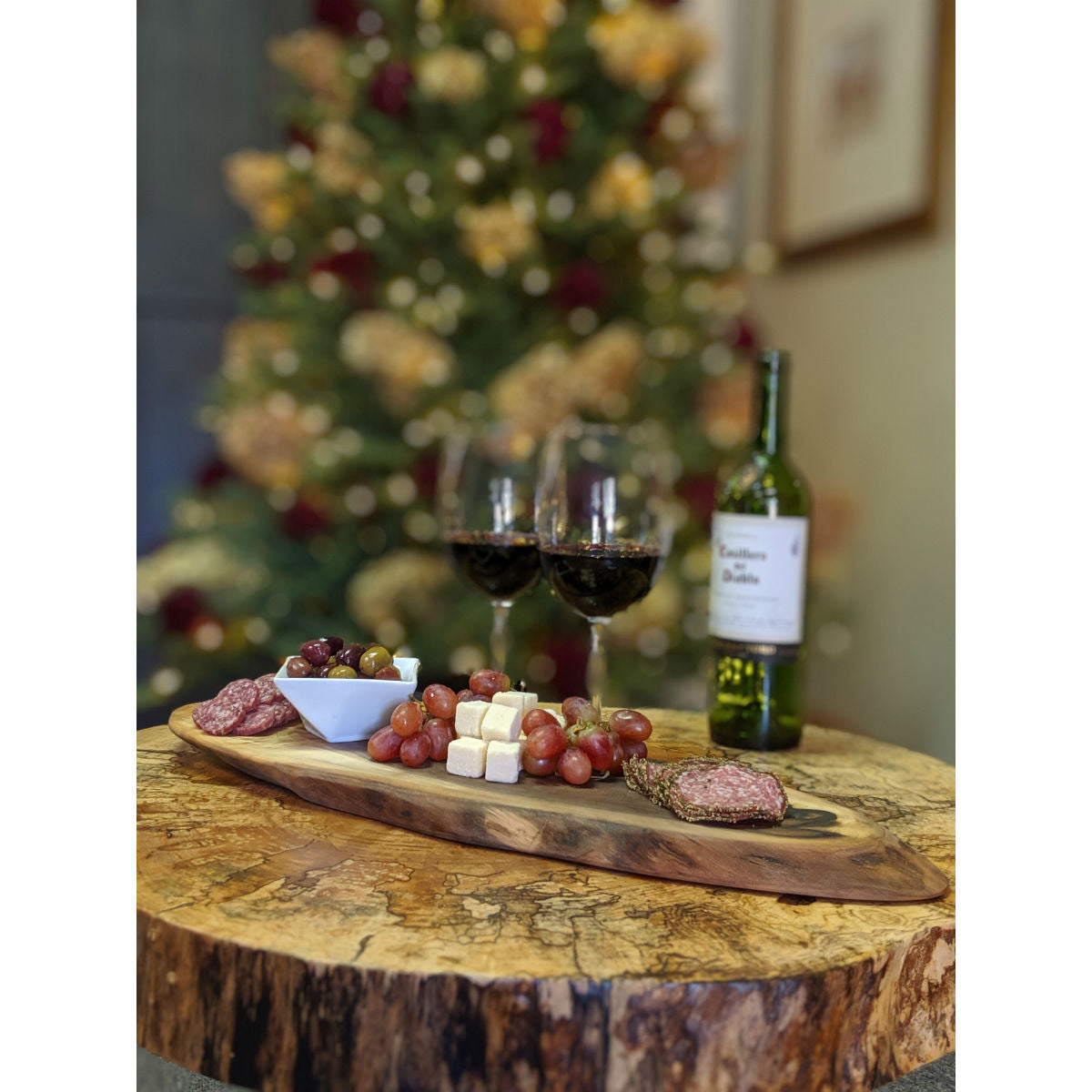 live edge charcuterie board with fruit