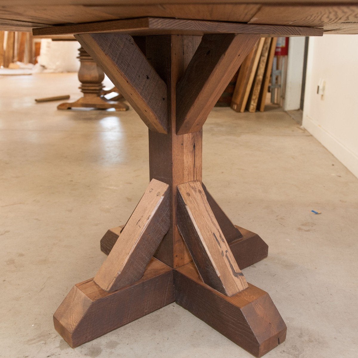 reclaimed wood pedestal base for dining table