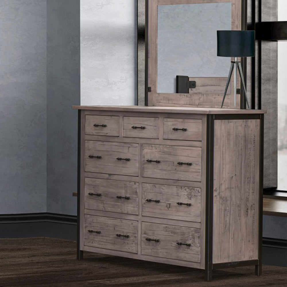 Rustic Modern Gray Dresser, 9 Drawers, Brown Maple, Whitewash finish