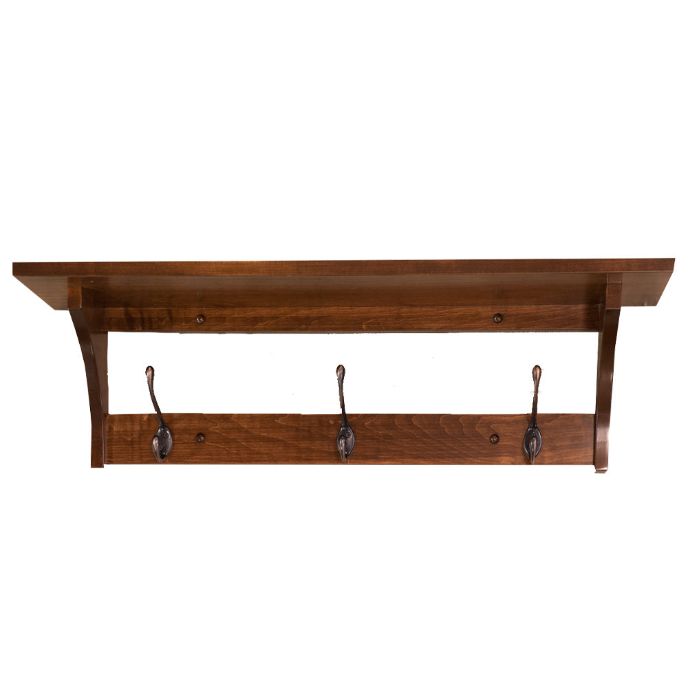 3 hook Shaker Style Rustic Wall Coat Rack with Shelf, Maple Wood