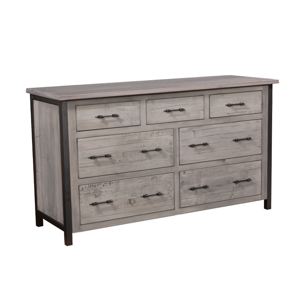 Silverton 7 Drawer Rustic Metal Dresser, Whitewash Stain