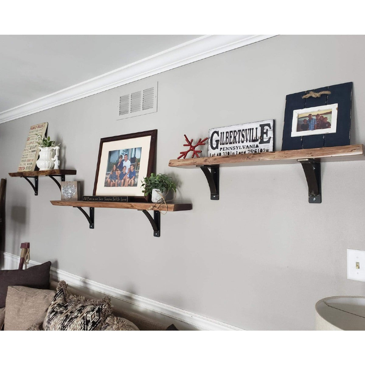 live edge walnut shelves