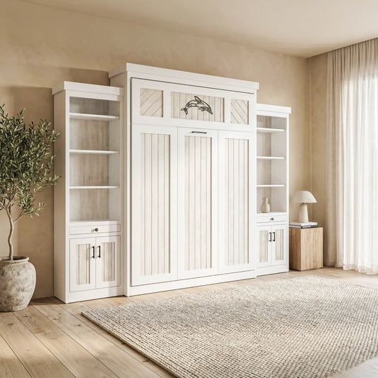White Mariner Murphy Bed with dolphin panel, shelves, and light decor accents in airy room.