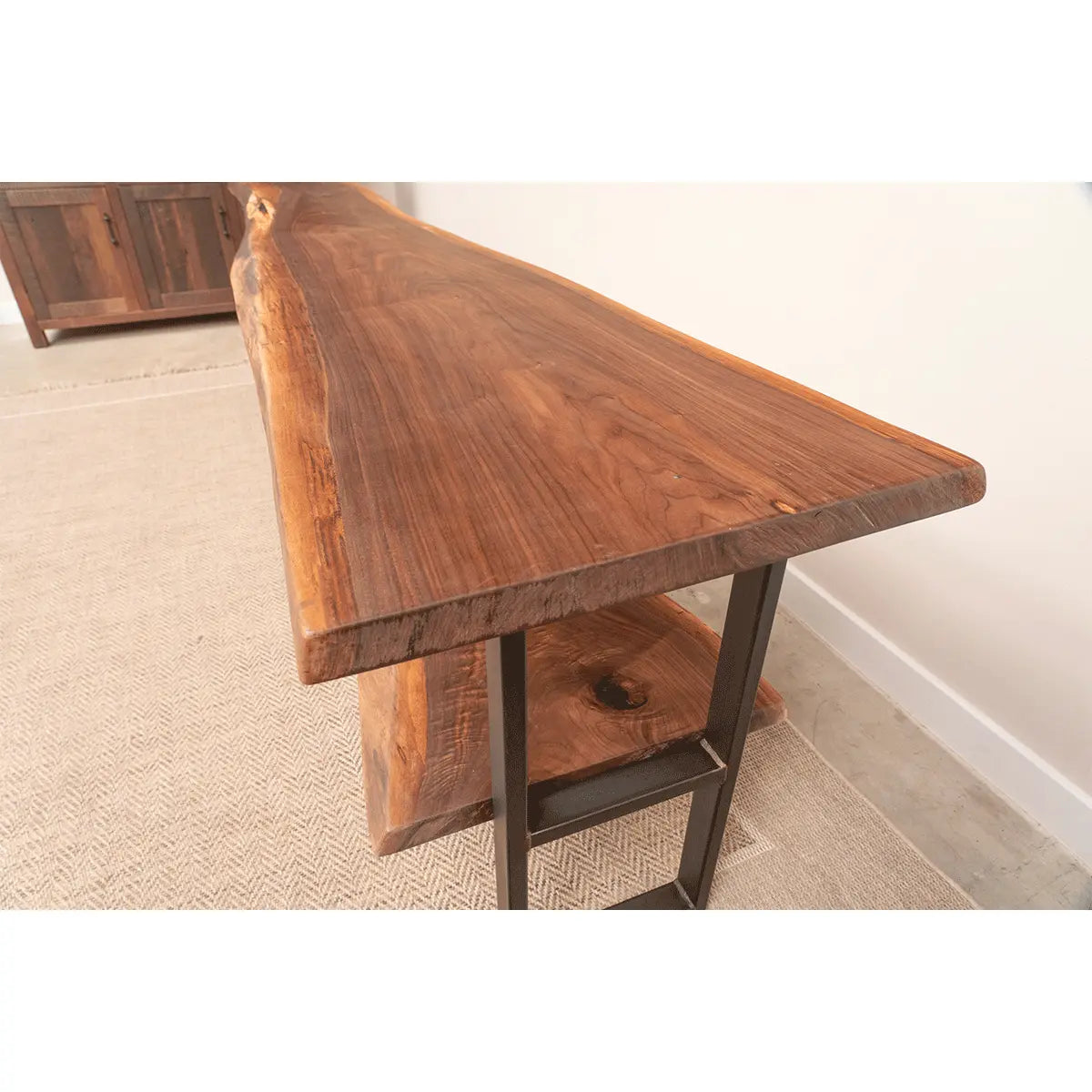 113.5" Live Edge Walnut Sofa Table with Shelves