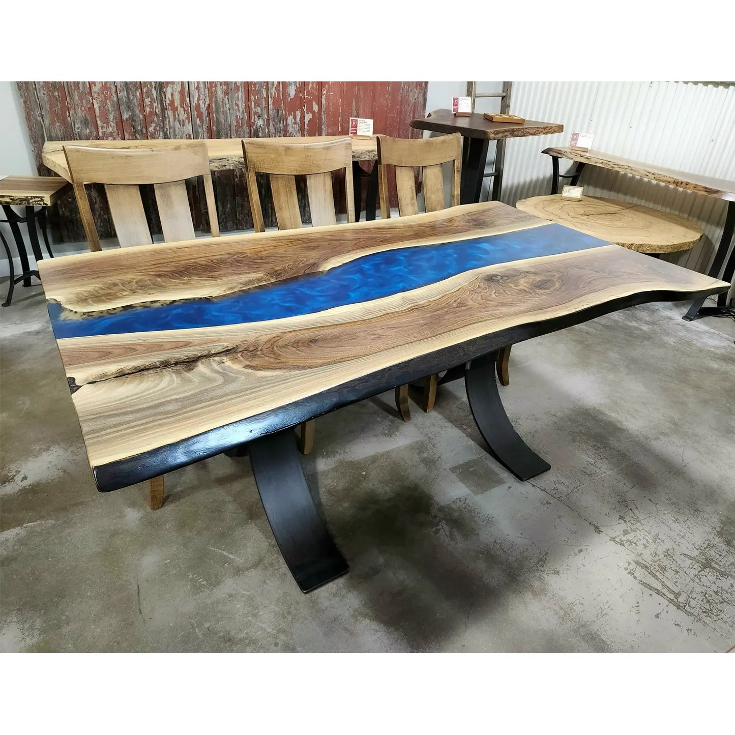 72.5"L Live Edge Walnut River Dining Table, Blue Epoxy