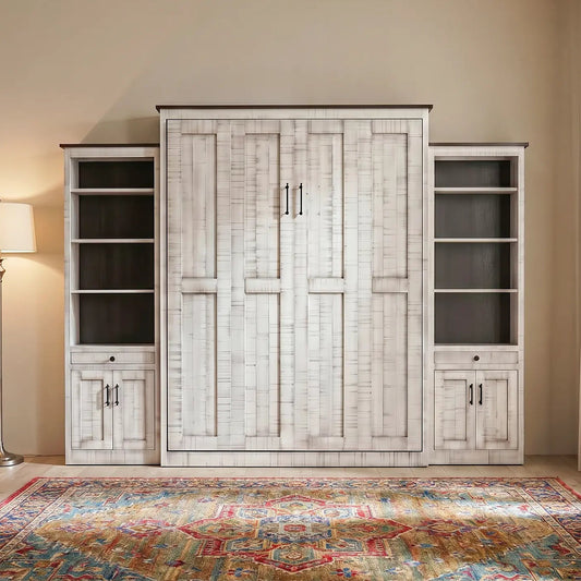 White Murphy bed with shelves, colorful rug, and standing lamp create a cozy, organized space.