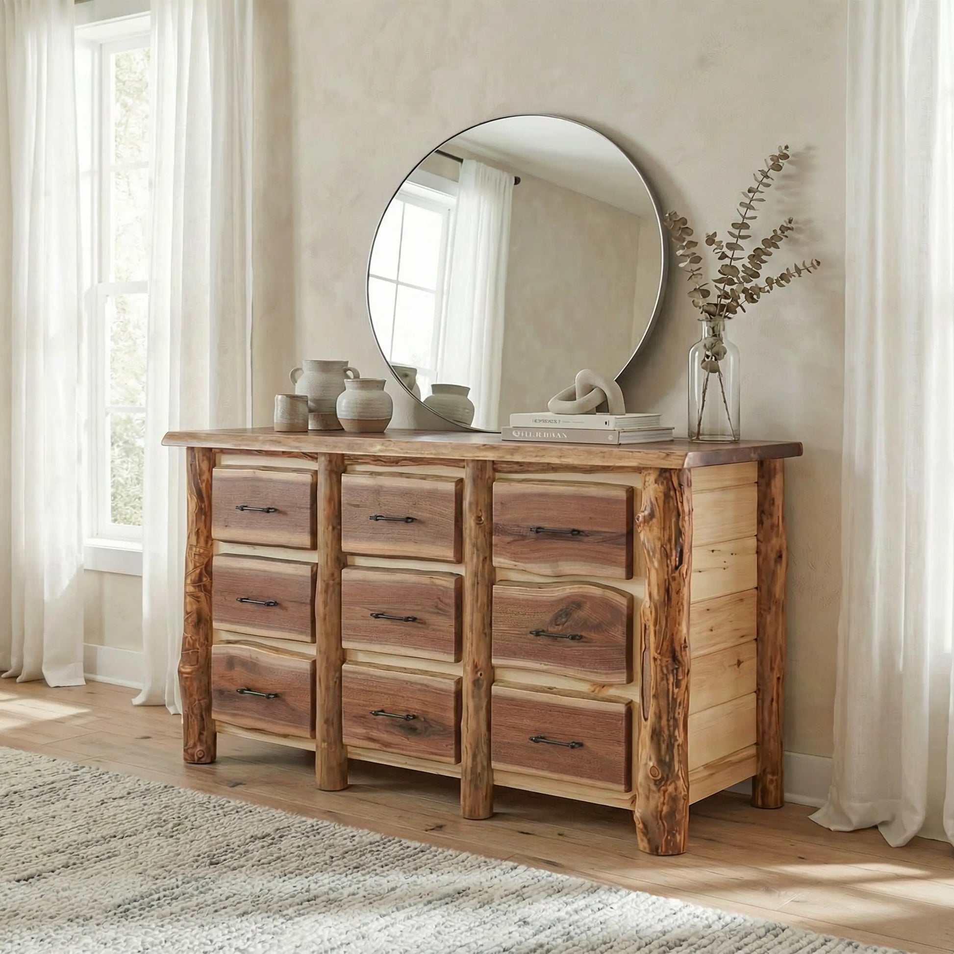 Big Horn Walnut Slab Wide Dresser with Aspen Posts